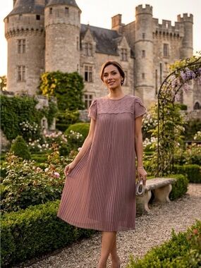 Elegant Pleated Chiffon Dress with Short Sleeves and Embroidery/E151